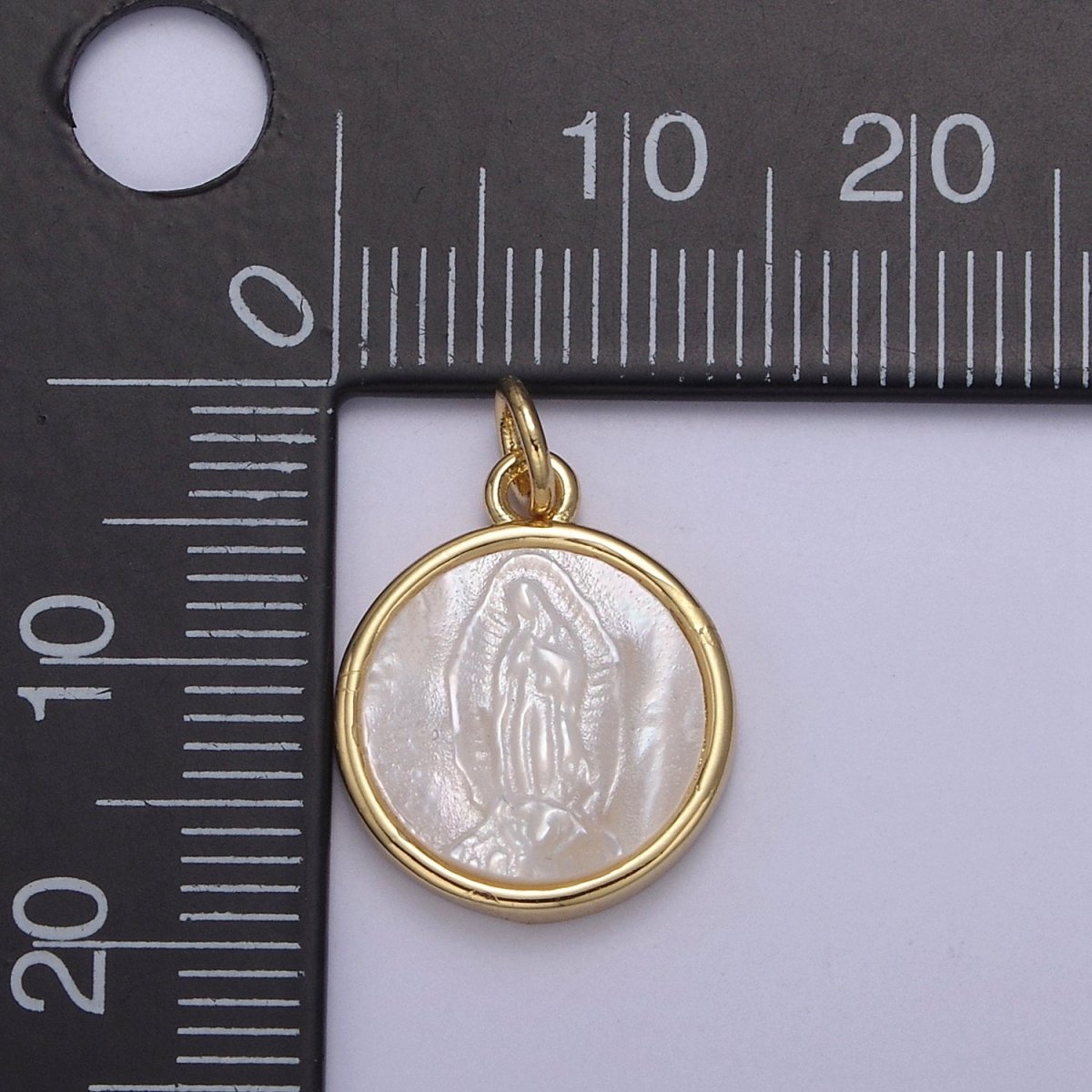 14K Gold Filled Mary Lady Guadalupe Shell Pearl Round Charm in Gold & Silver N-860