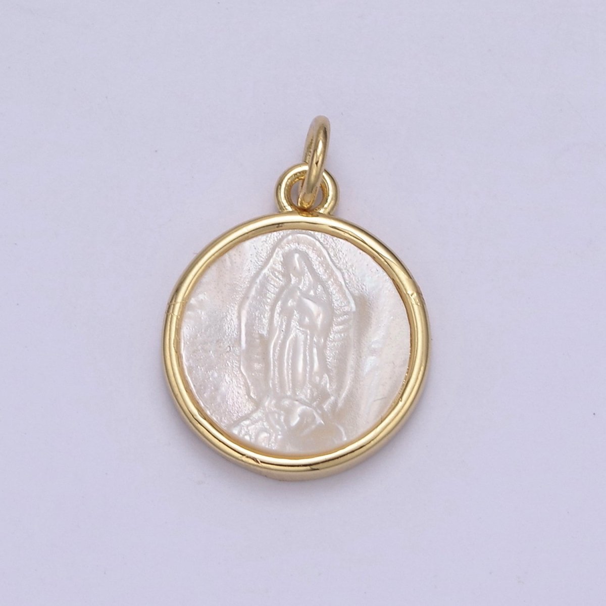 14K Gold Filled Mary Lady Guadalupe Shell Pearl Round Charm in Gold & Silver N-860
