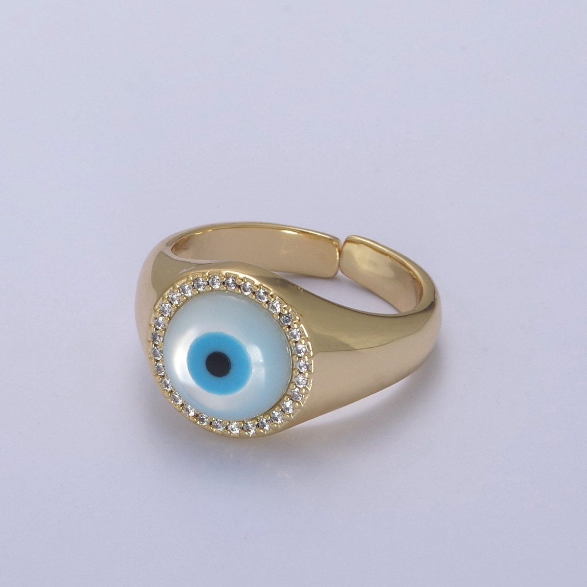 14K Gold Filled Micro Pave Evil Eye Blue Dome Ring Open Adjustable Ring U-474