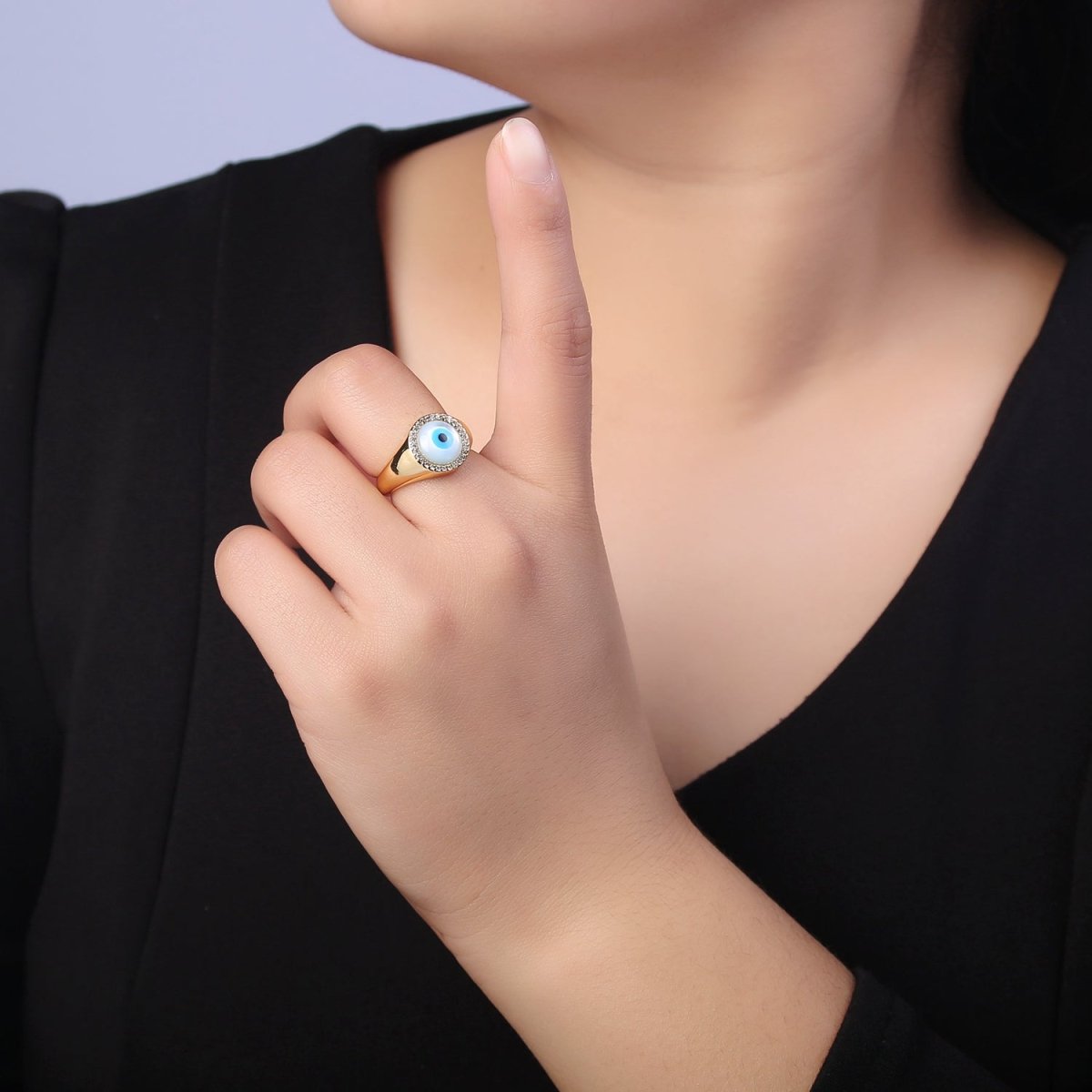 14K Gold Filled Micro Pave Evil Eye Blue Dome Ring Open Adjustable Ring U-474