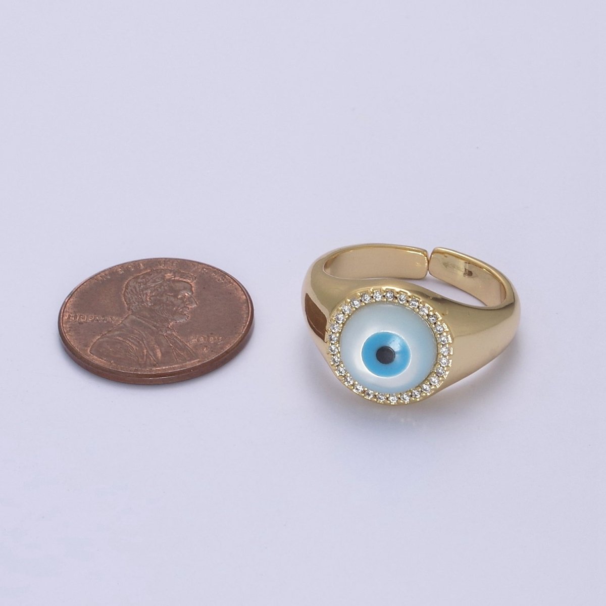 14K Gold Filled Micro Pave Evil Eye Blue Dome Ring Open Adjustable Ring U-474