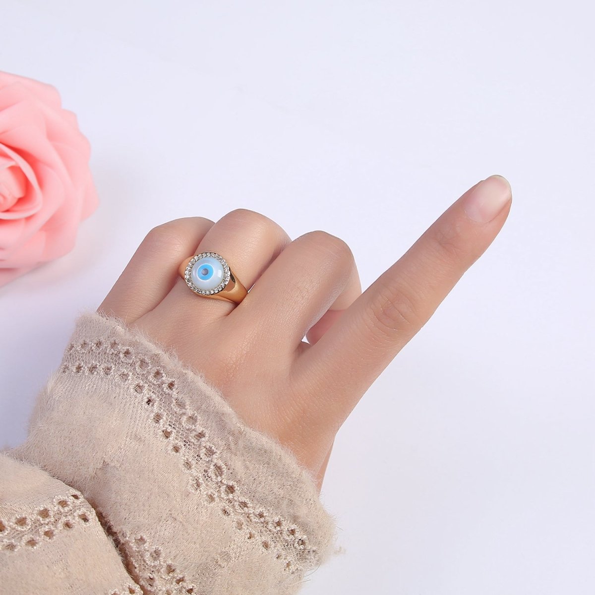 14K Gold Filled Micro Pave Evil Eye Blue Dome Ring Open Adjustable Ring U-474