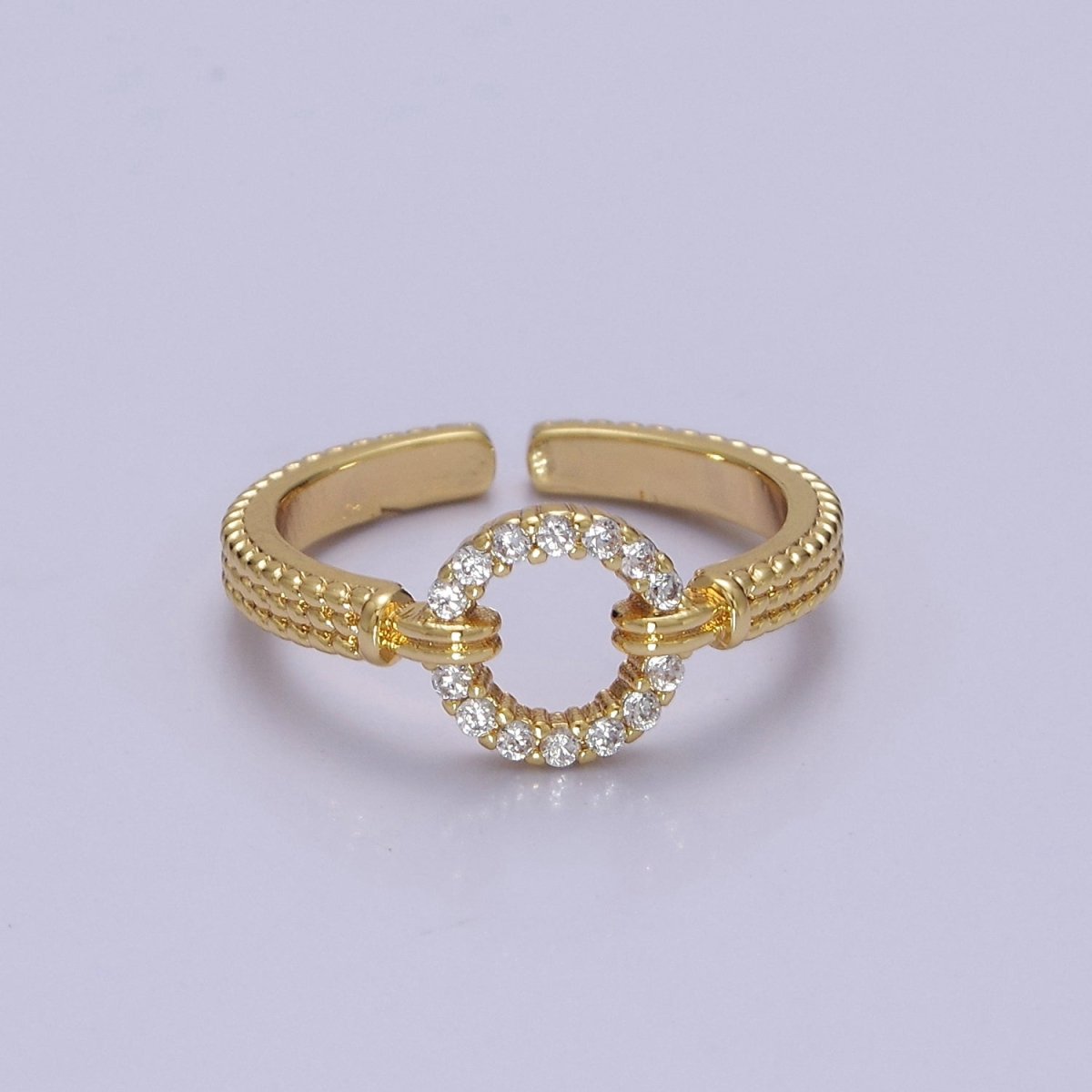 14K Gold Filled Open Circle Round Micro Paved CZ Textured Band Ring | O2071