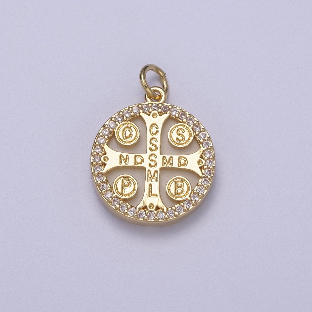 14K Gold Filled St. Benedict CSSML NDSMD Cross Micro Paved Shell Pearl Charm | C411