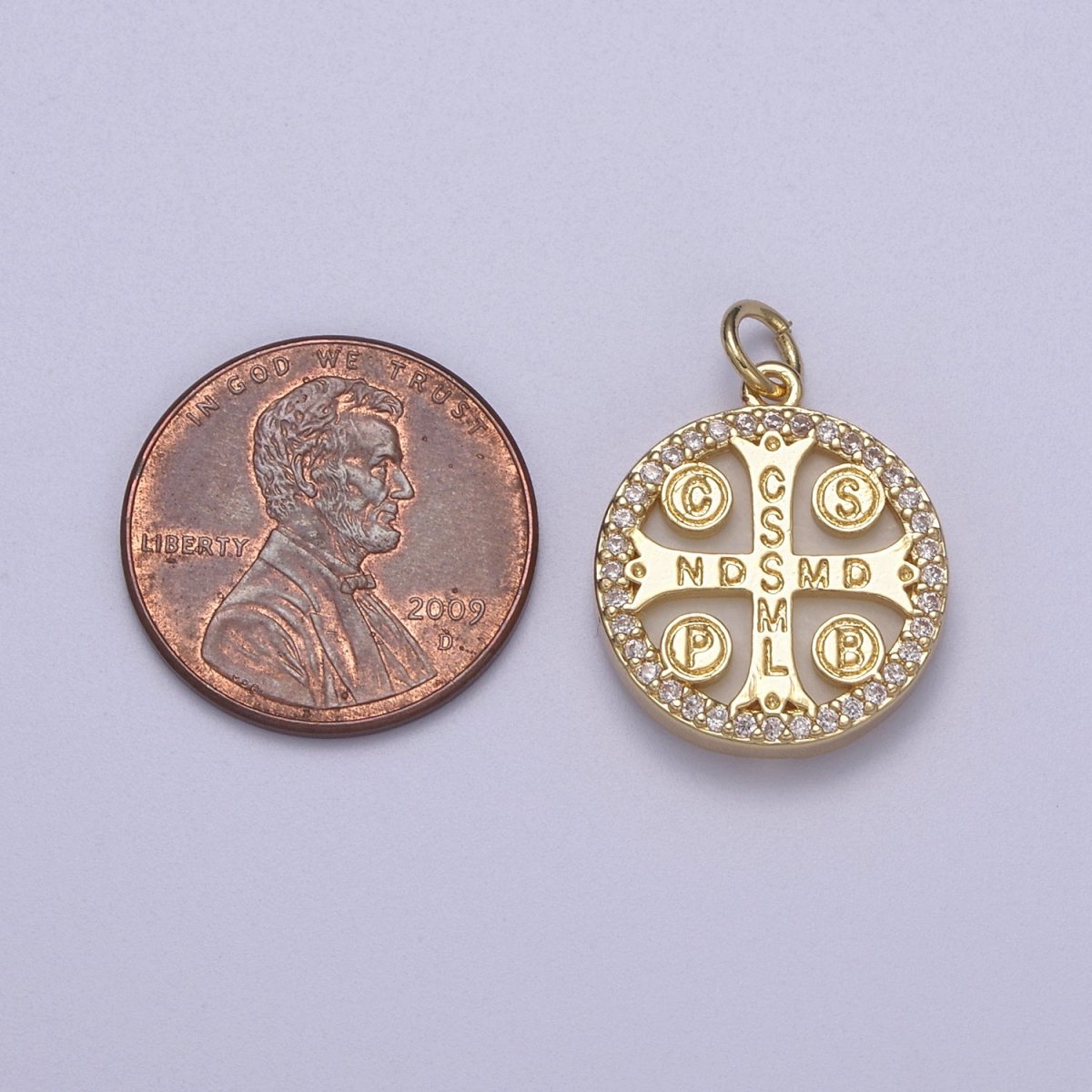 14K Gold Filled St. Benedict CSSML NDSMD Cross Micro Paved Shell Pearl Charm | C411