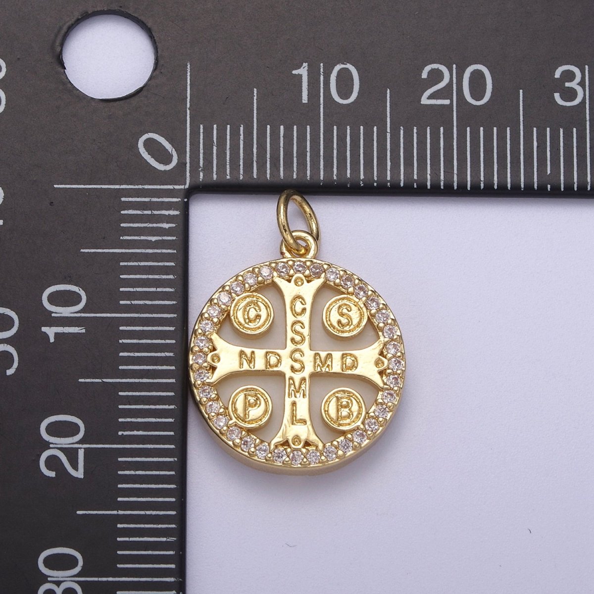 14K Gold Filled St. Benedict CSSML NDSMD Cross Micro Paved Shell Pearl Charm | C411