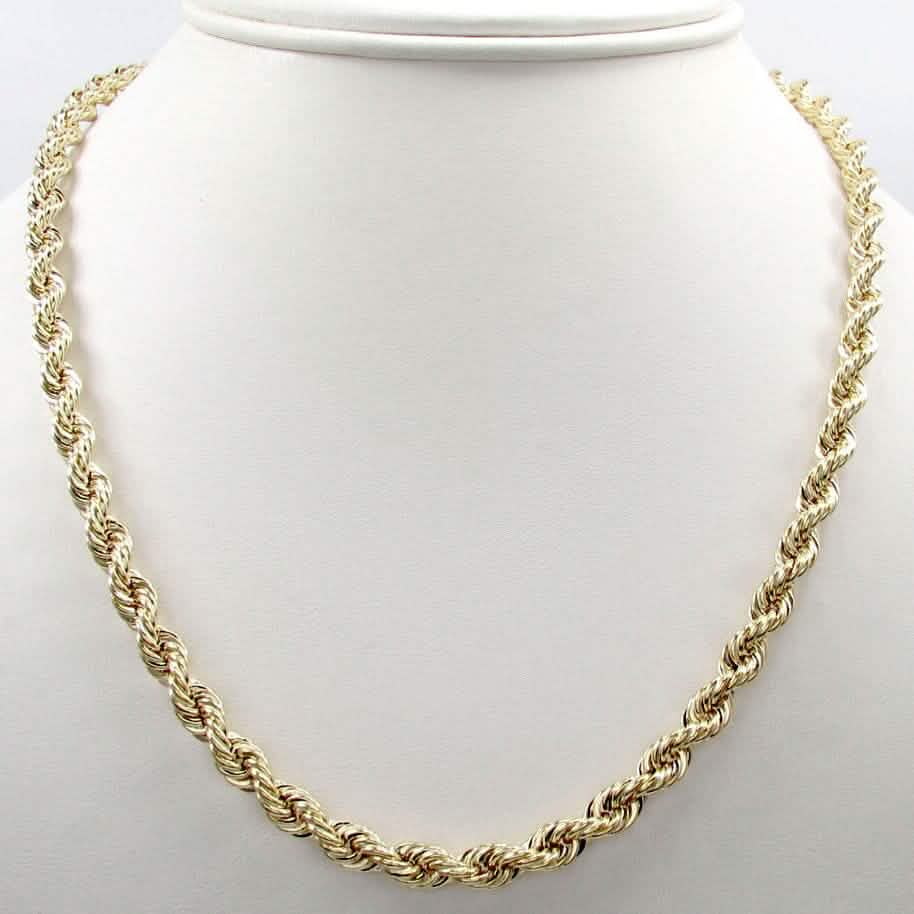 Chaîne Corde en Or Jaune Massif 14K, 4MM, Épaisse, Collier Bracelet pour Hommes et Femmes