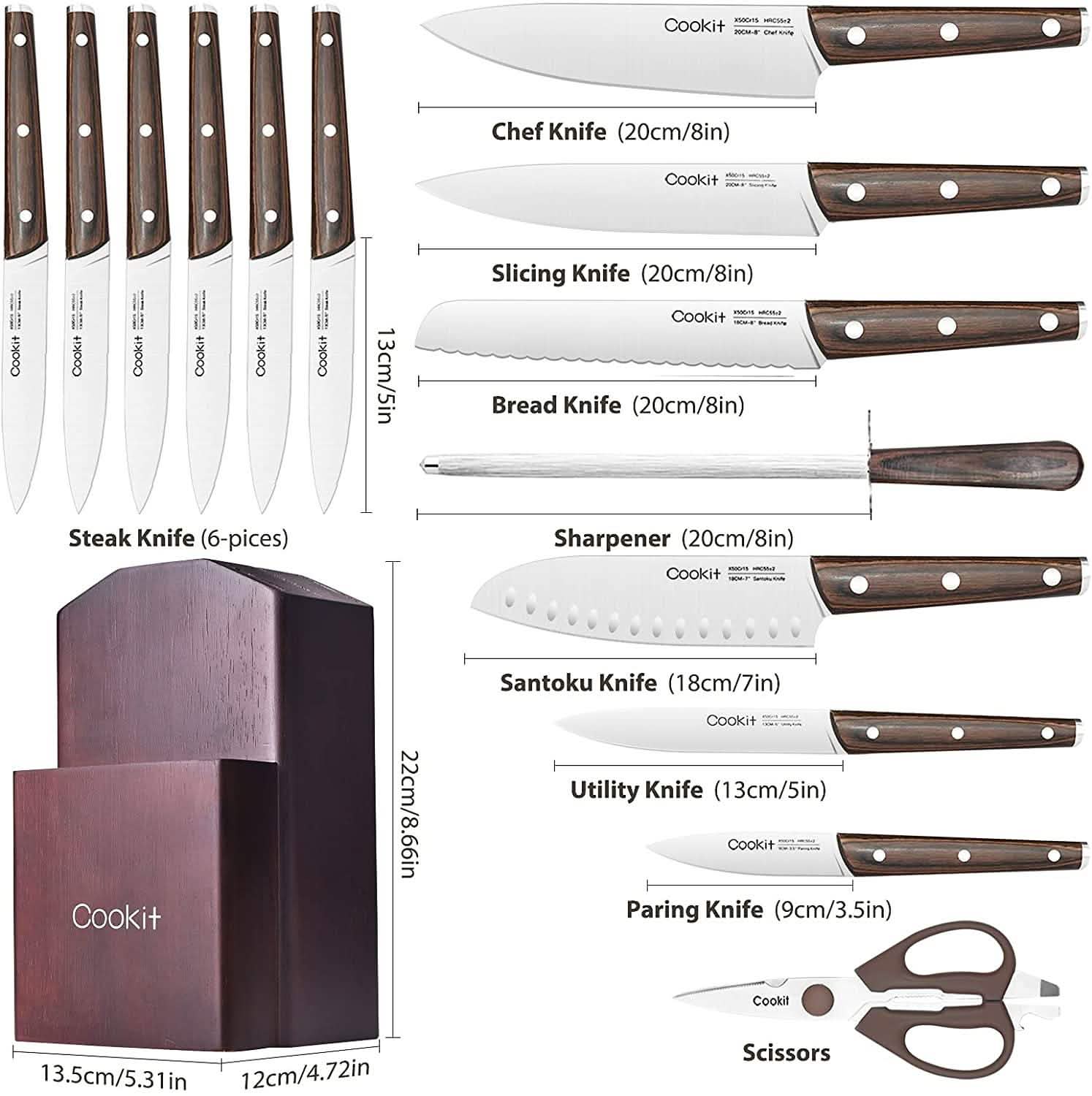 Ensemble de 15 couteaux de cuisine en acier inoxydable