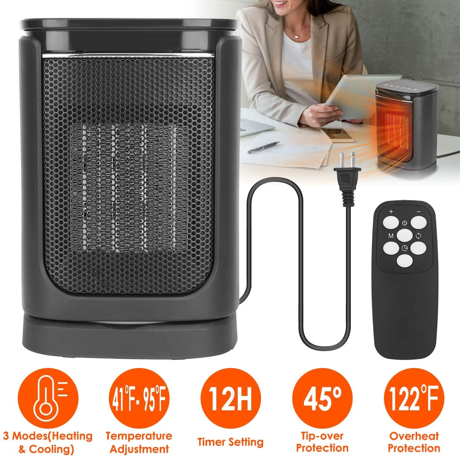 Radiateur Soufflant Électrique Céramique 1500W avec 3 Modes, Télécommande, Affichage Numérique