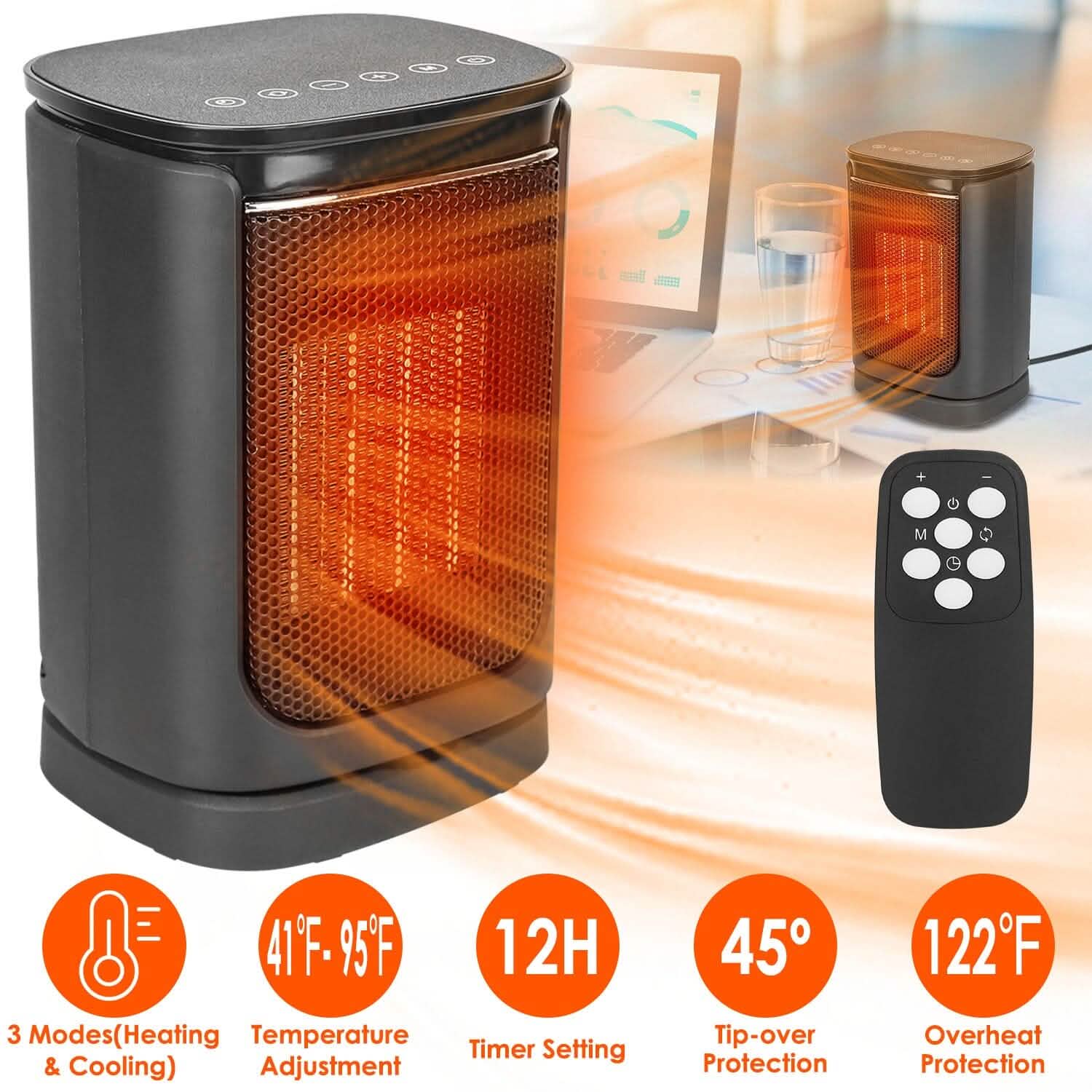 Radiateur Soufflant Électrique Céramique 1500W avec 3 Modes, Télécommande, Affichage Numérique