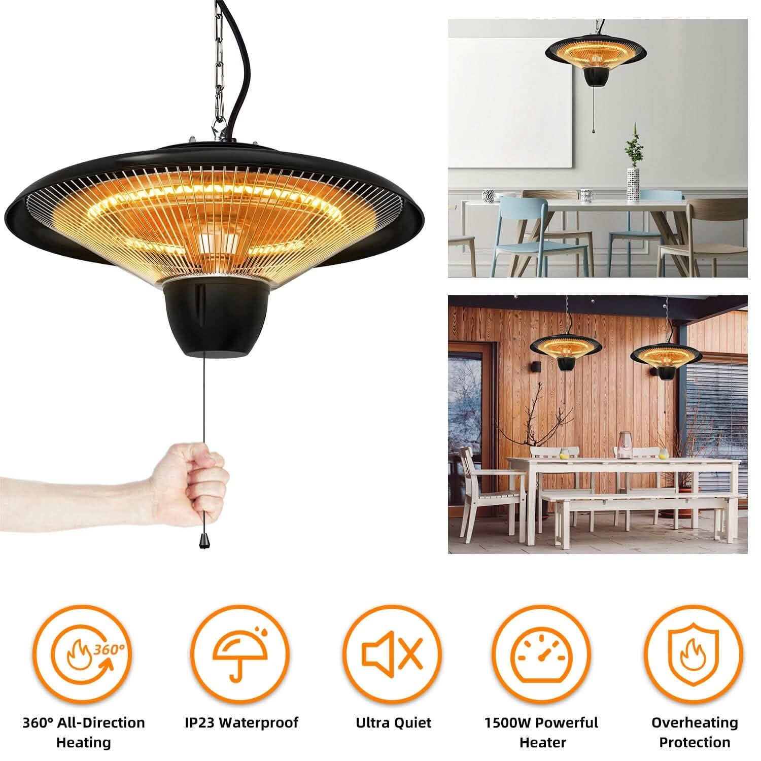 1500W 屋外用吊り下げパティオ 超静音電気ヒーターランプ