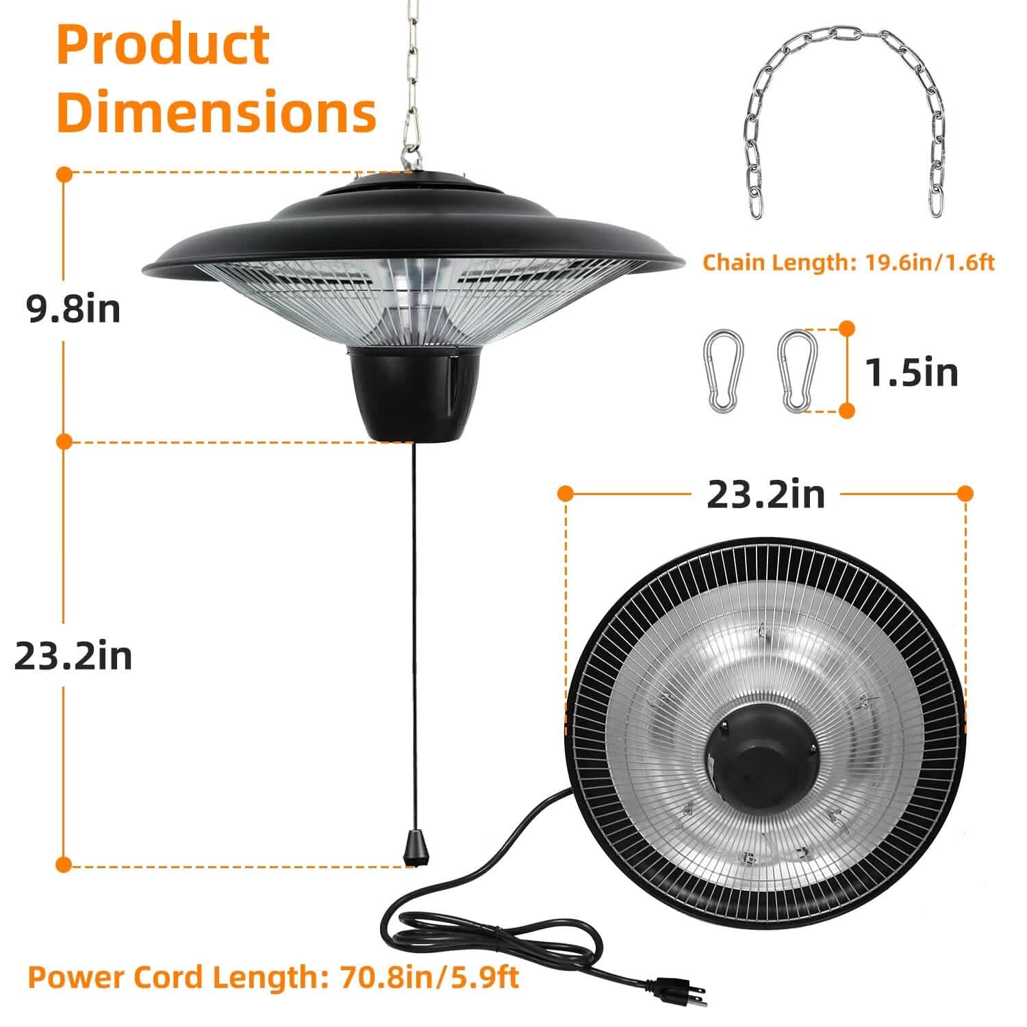 1500W 屋外用吊り下げパティオ 超静音電気ヒーターランプ