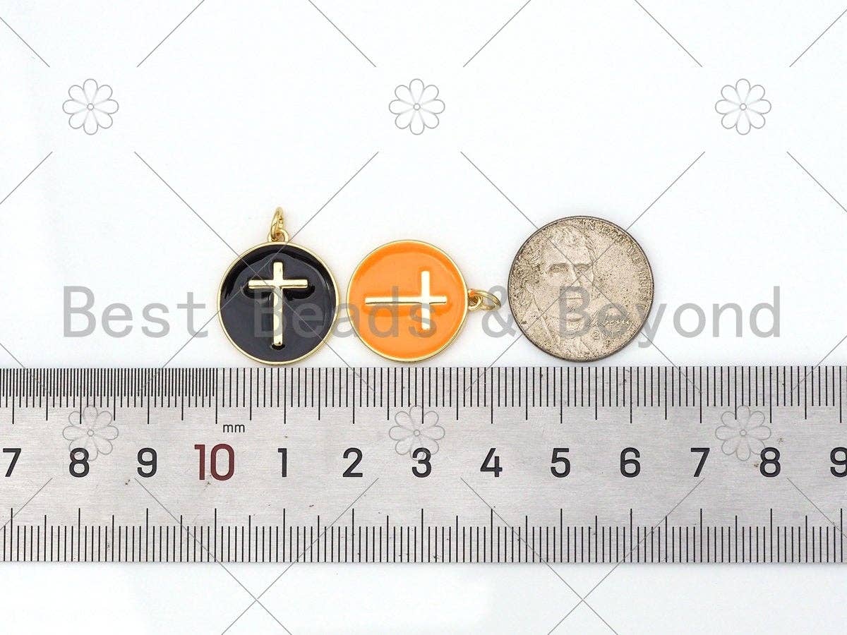 Gold Filled Colorful Enamel Cross On Round Coin Shape Pendant, 18K Gold Filled Enamel Charm,Enamel Jewelry, Cross Charm,18x20mm,sku#L598