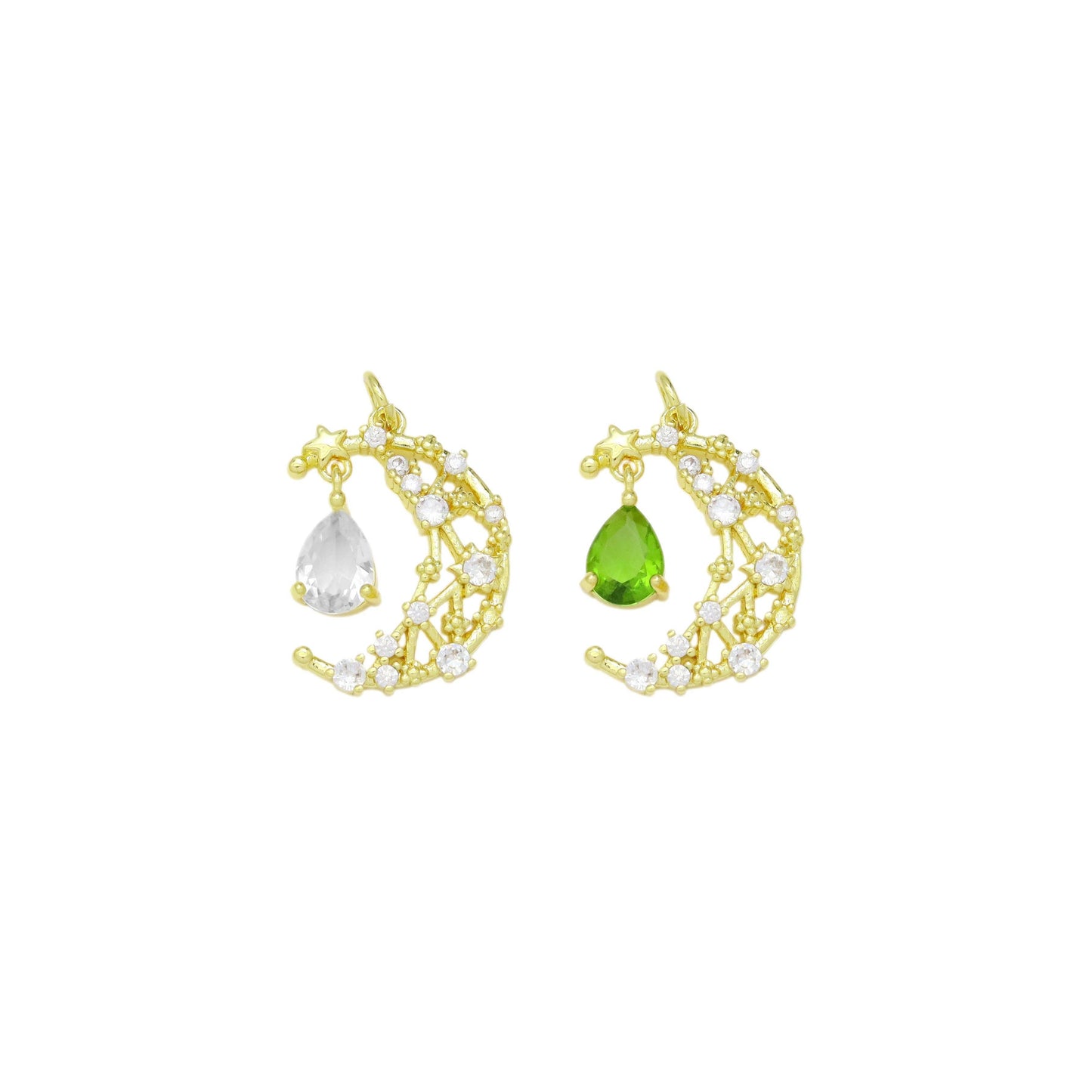 Fancy Cresent Moon With Clear Green Teardrop Pendant Charm, Sku#LK942