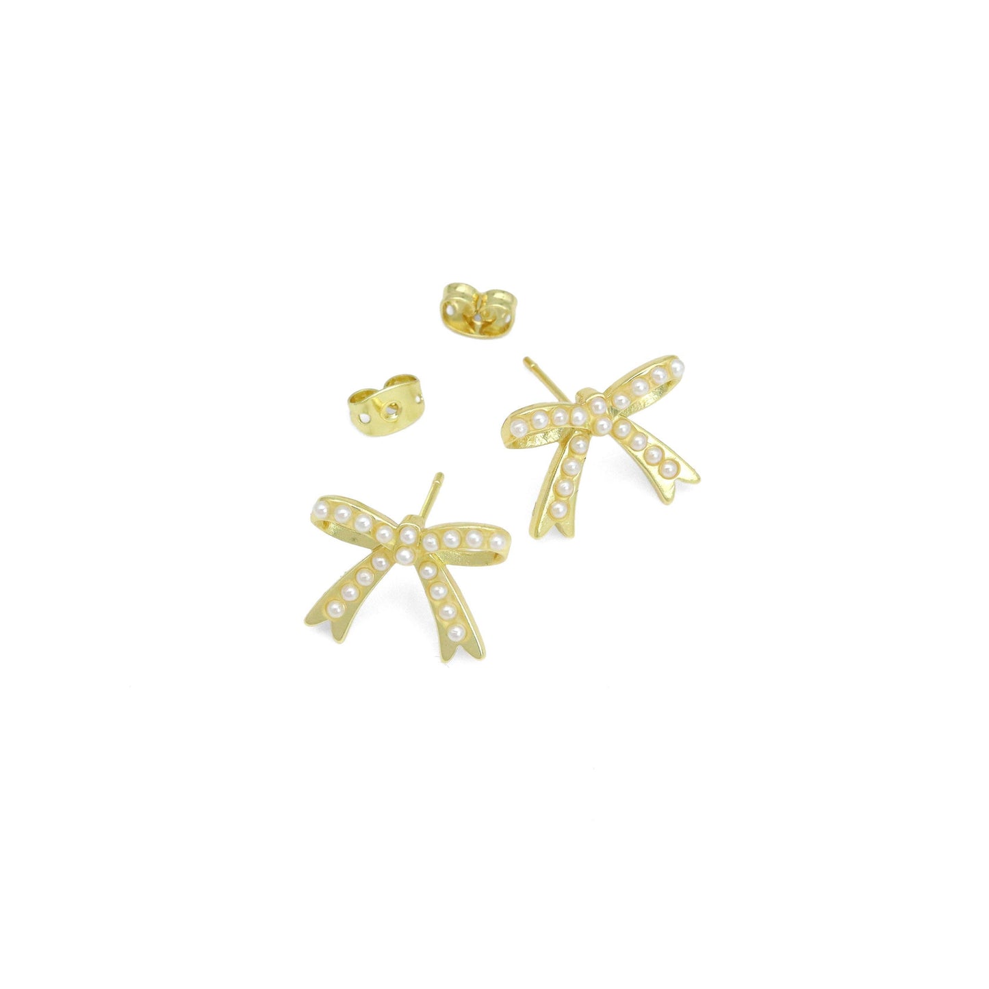 Gold White Pearl Bowknot Stud Earrings, Sku#LK967