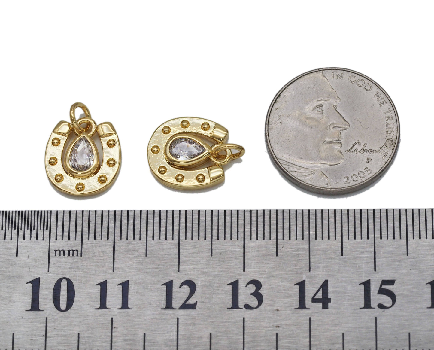 Gold Teardrop CZ On U Horseshoe Shape Charm, Sku#LK700