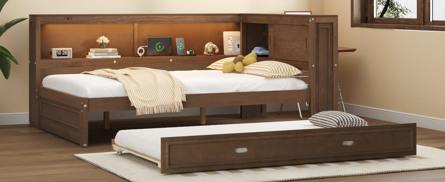 Full Size Wood Daybed with Storage Shelves, USB, LED, and Trundle