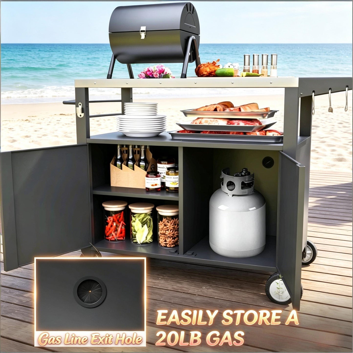 Convenient Kitchen Island & Movable Grill Cart Table