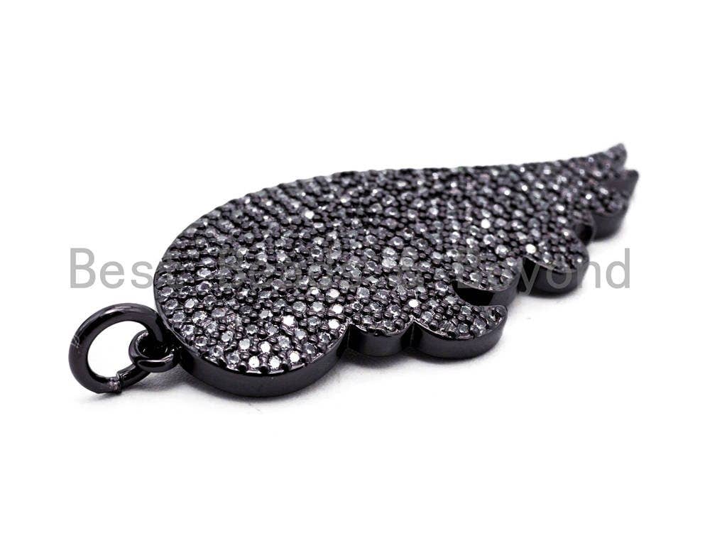 18x44mm CZ Clear/Black Micro Pave Wing Pendant, Wing Shaped Pave Pendant, Gold/Rose Gold/Silver/Gunmetal plated,18x44mm, Sku#F421