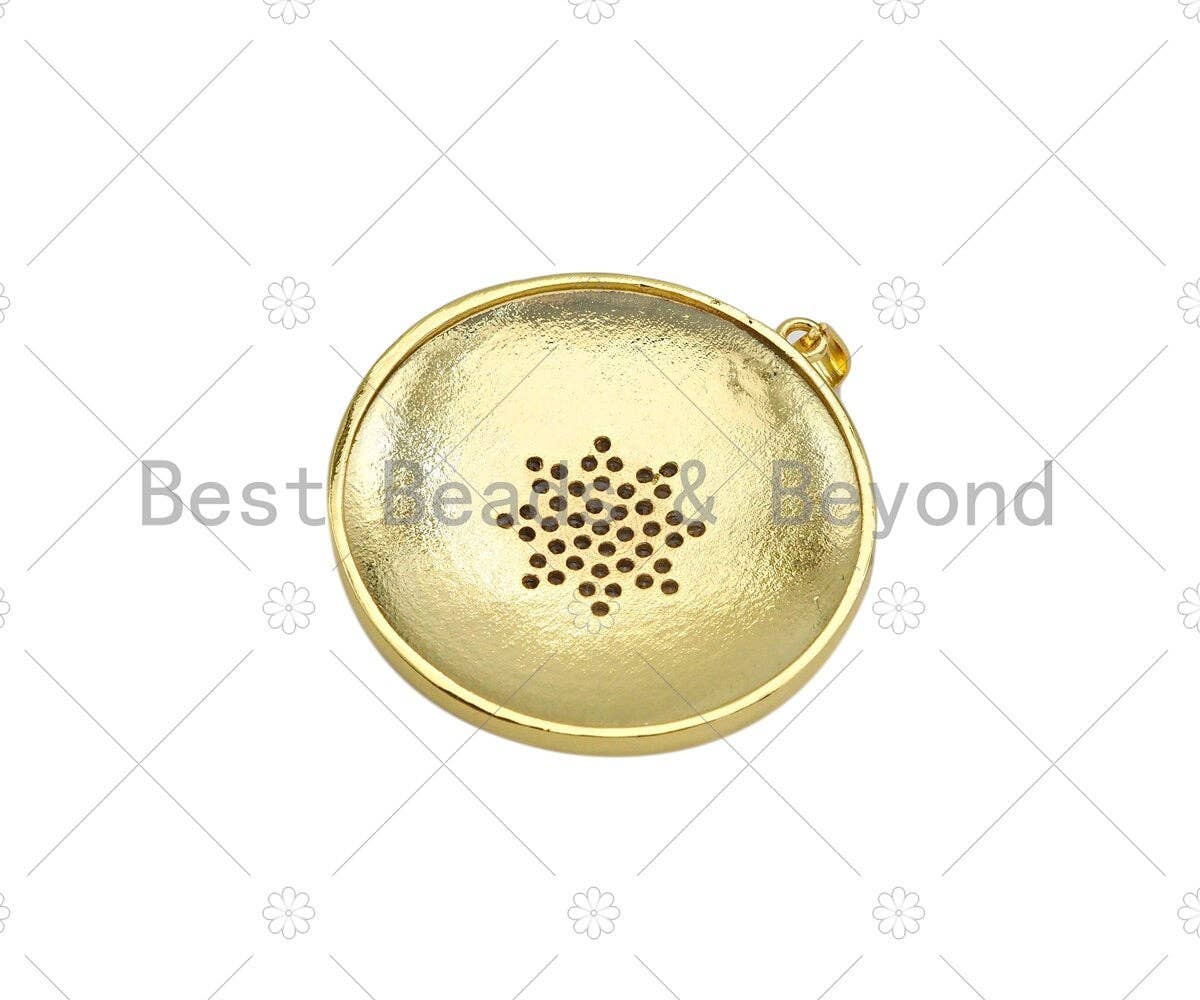 CZ Micro Pave North Star On Round Coin Pendant,18K Dainty Gold Medallion Charm, Necklace Bracelet Charm Pendant, 36x38mm, Sku#LK293
