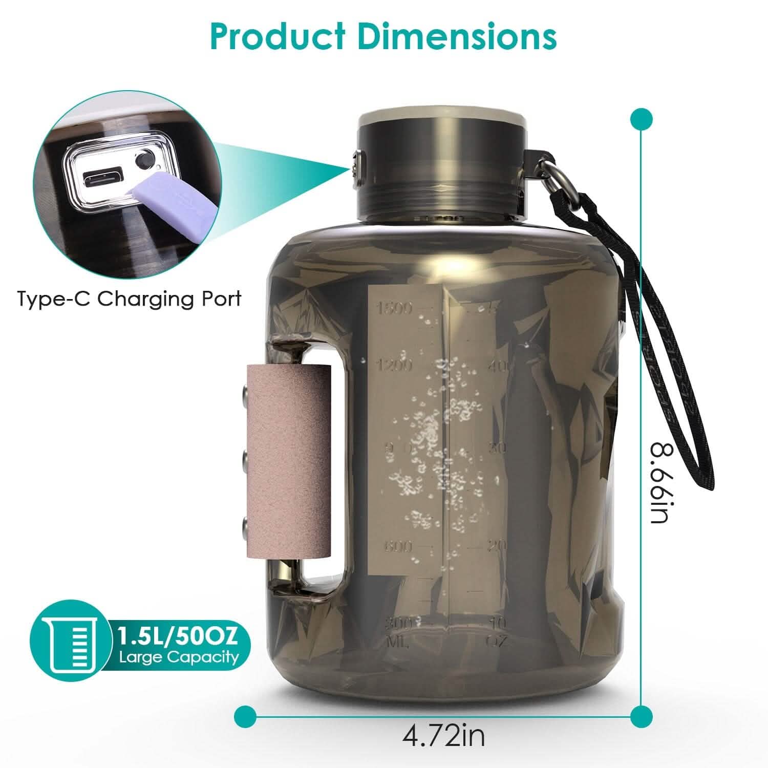 1.5L Large Capacity Portable Rechargeable Hydrogen Water Bottle 6 Min. Quick Electrolysis