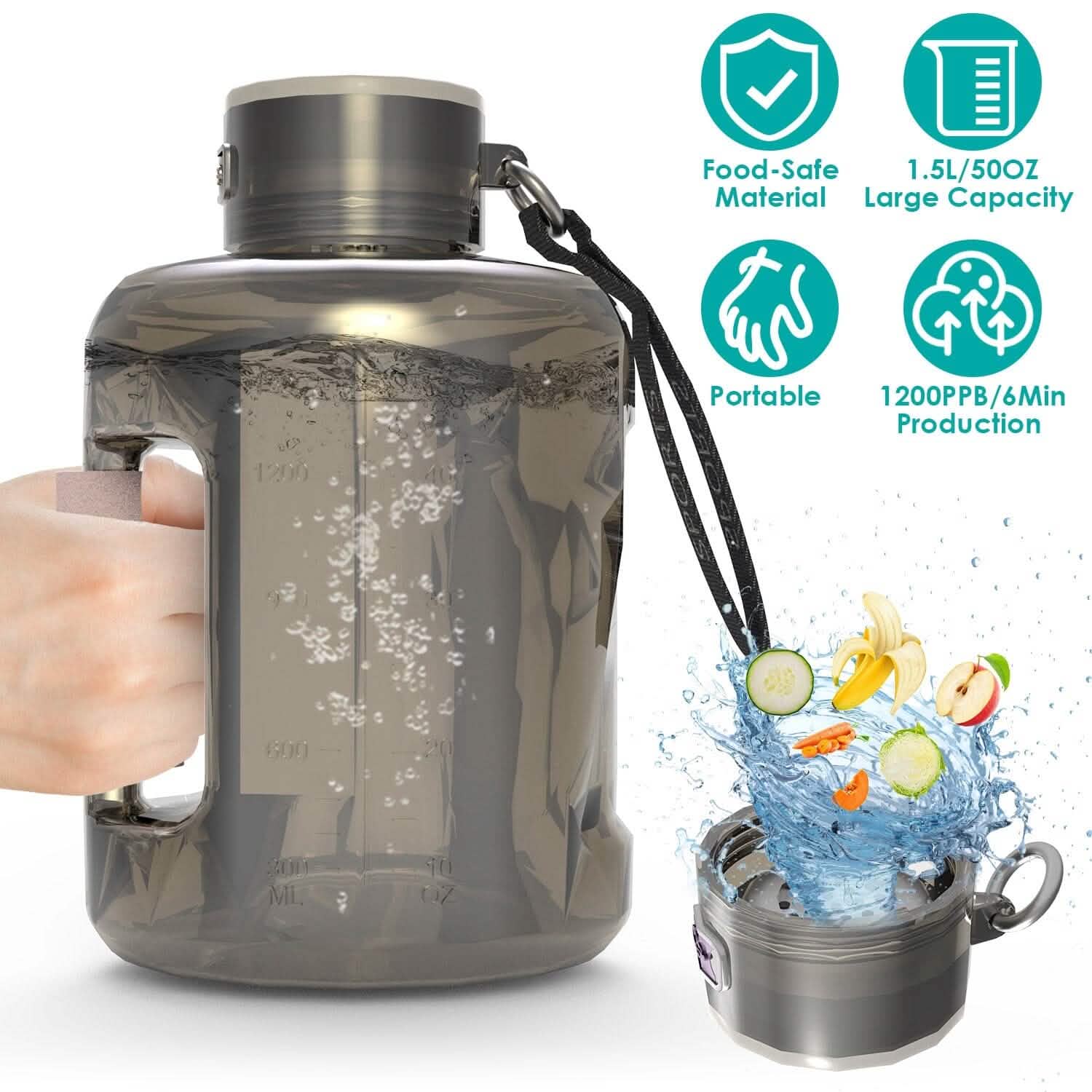 1.5L Large Capacity Portable Rechargeable Hydrogen Water Bottle 6 Min. Quick Electrolysis