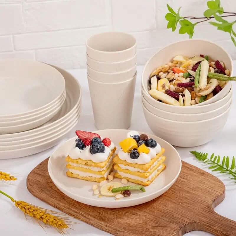 16ピース：耐久性のある小麦わら食器セット