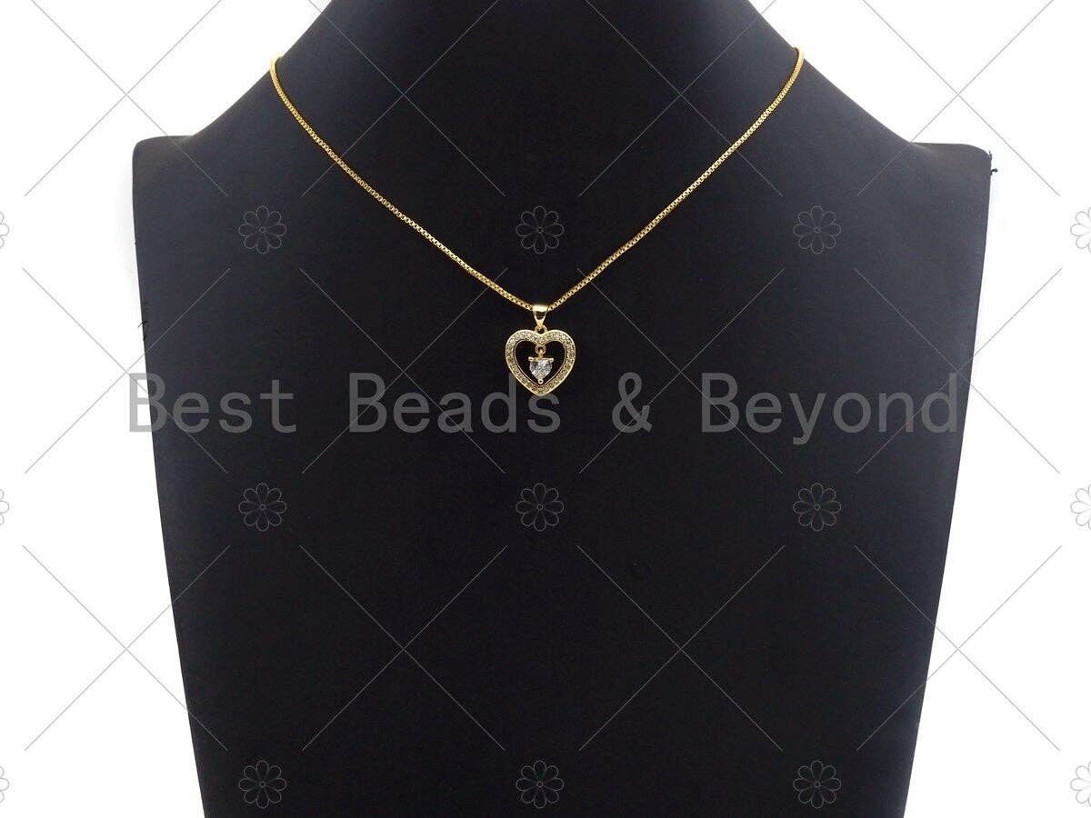 18K Gold Heart with Dangle Diamond Pendant, Heart Charm, Gold Heart Pave Pendant, Gold plated, 16mm, Sku#LK59