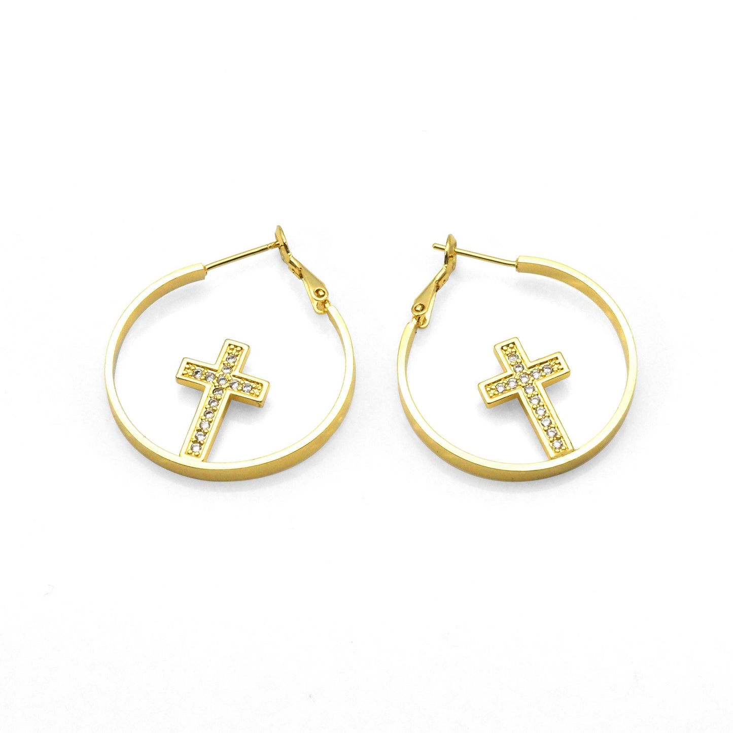 Gold CZ Cross On Round Ring Hoop Earrings, Sku#LK821