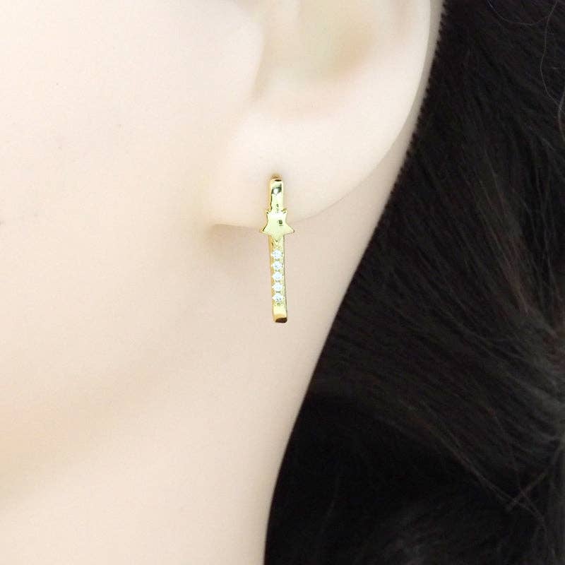 Gold Clear CZ Oval Star Rectangle Hoop Earrings, Sku#LK779