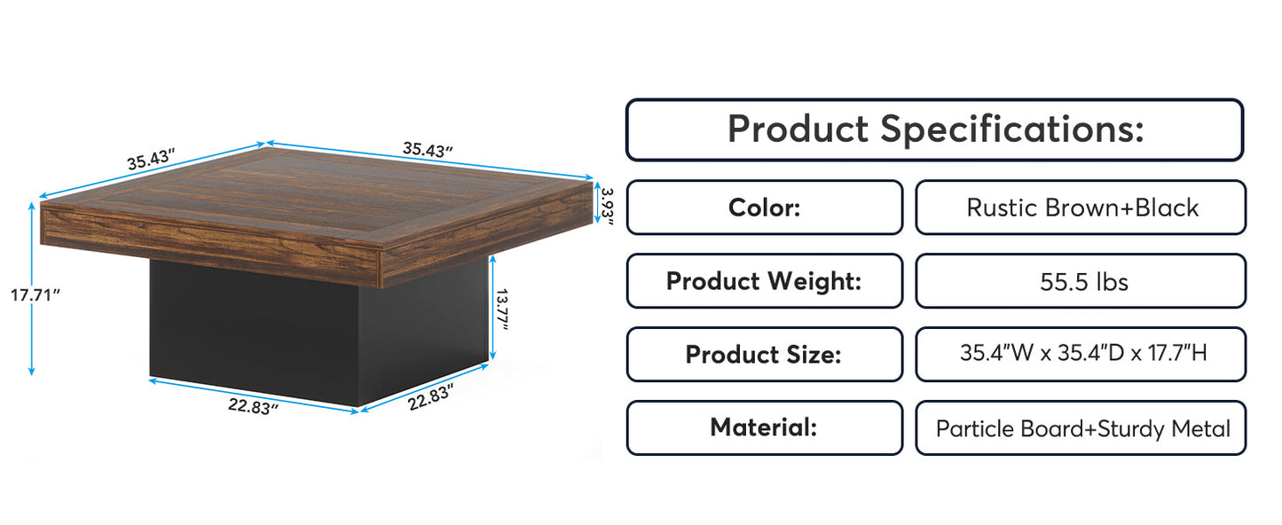 35.4 Inches Farmhouse Square LED Coffee Table – Rustic
