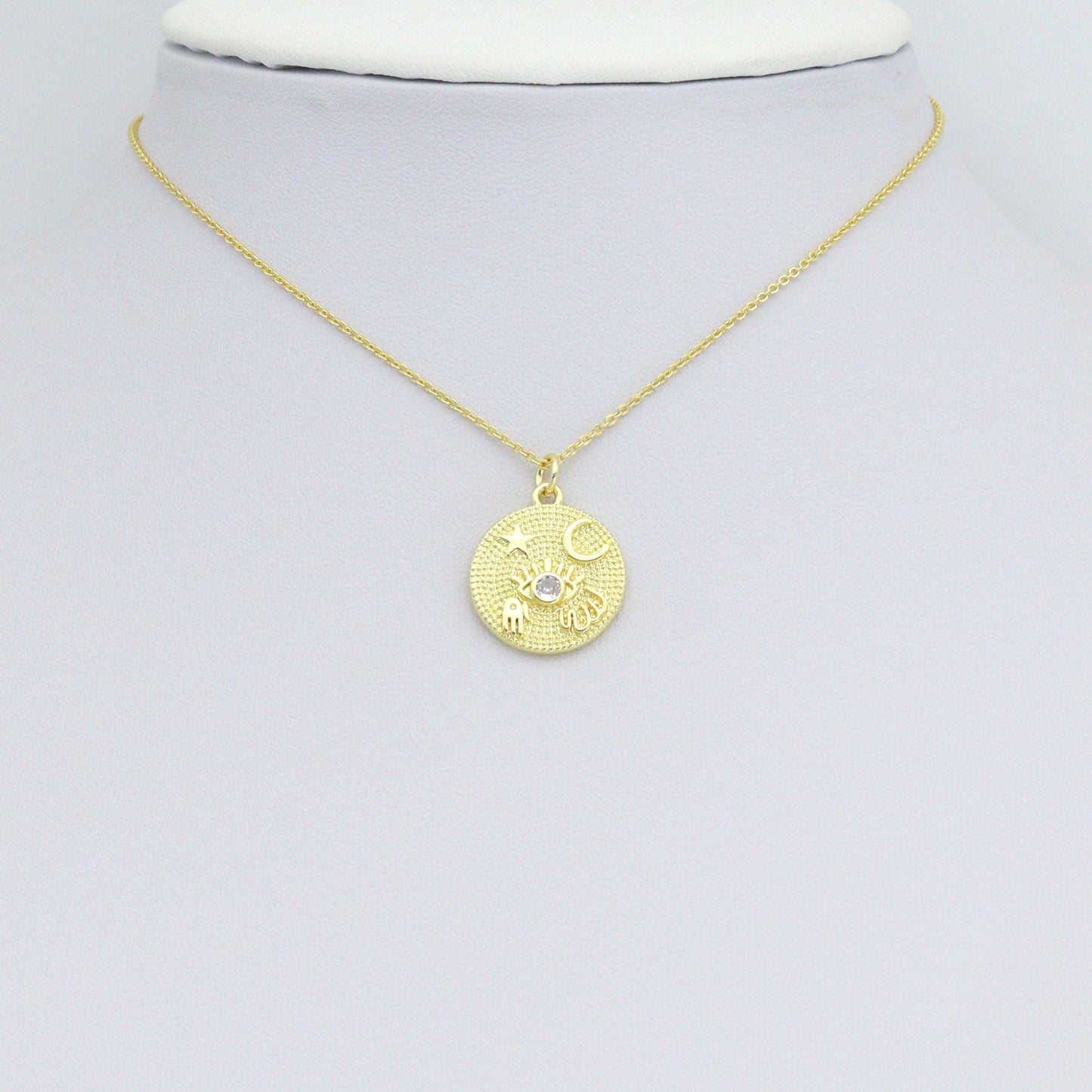 Gold Evil Eye star moon hamsa hand On Round Coin Charm Pendant,Sku#LX867