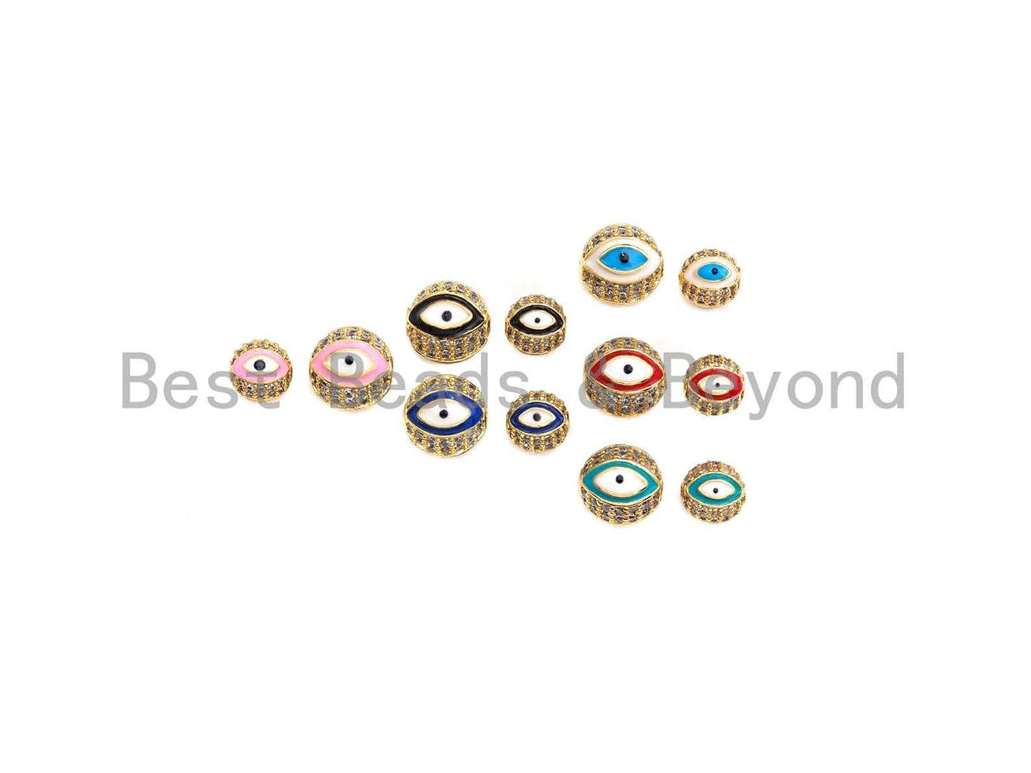 CZ Micro Pave Evil Eye Ball Beads, Gold Finish, 8mm/10mm Black/pink/Royal Blue/Tear Green/Red/Turquoise Blue Eye Pave Beads, Sku#G425