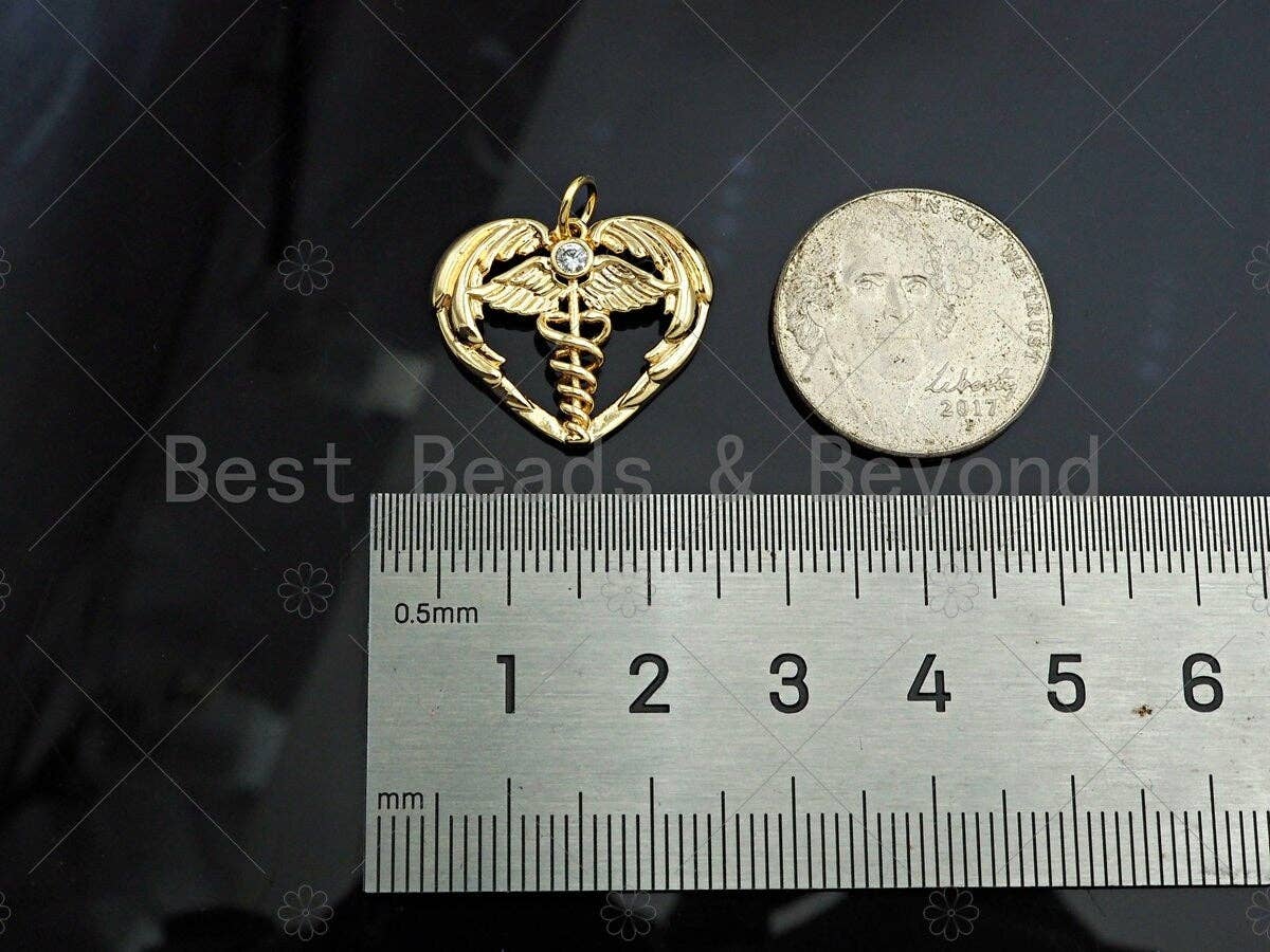 CZ Micro Pave Angle Wing On Heart Shape Pendant/Charm, 14K Gold Filled Heart Charm, Necklace Bracelet Charm Pendant,21x18mm,Sku#ZX33