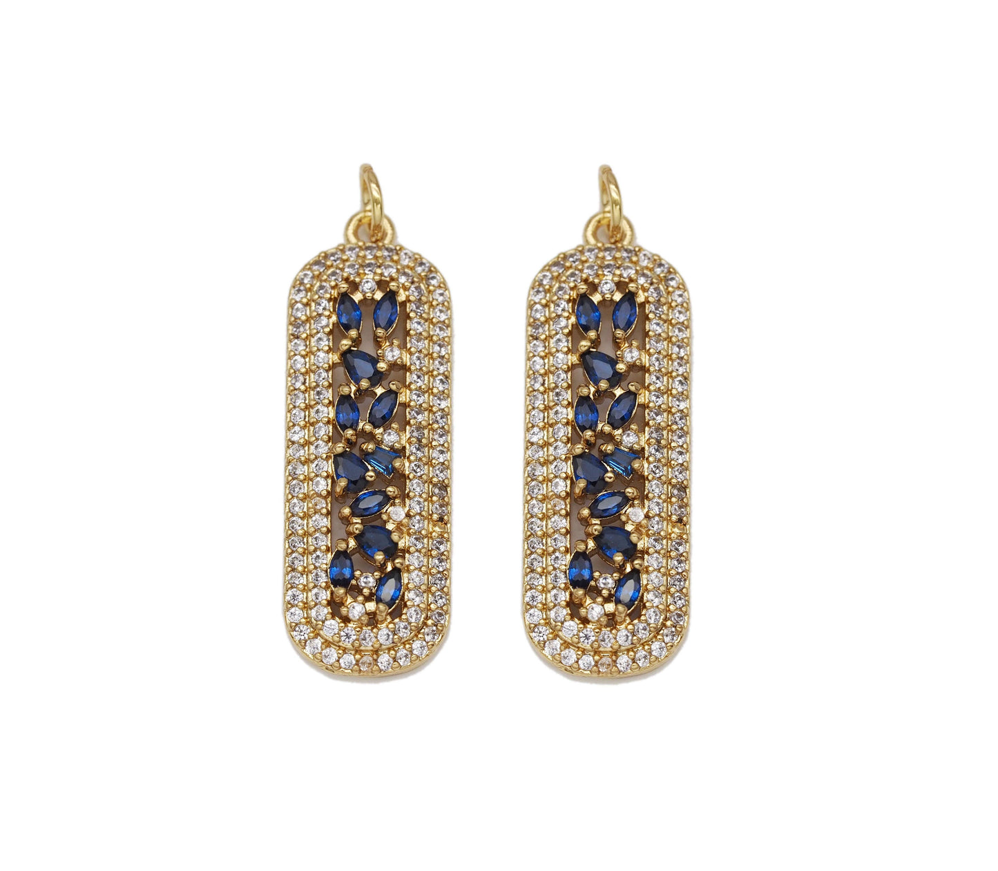 Gold Cobalt CZ Long Oval Bar Charm, Sku#LK699