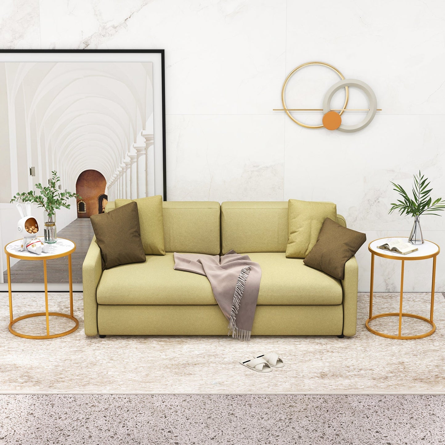 16 Inch Marble Top Round Side Table with Golden Metal Frame for Living Room Bedroom