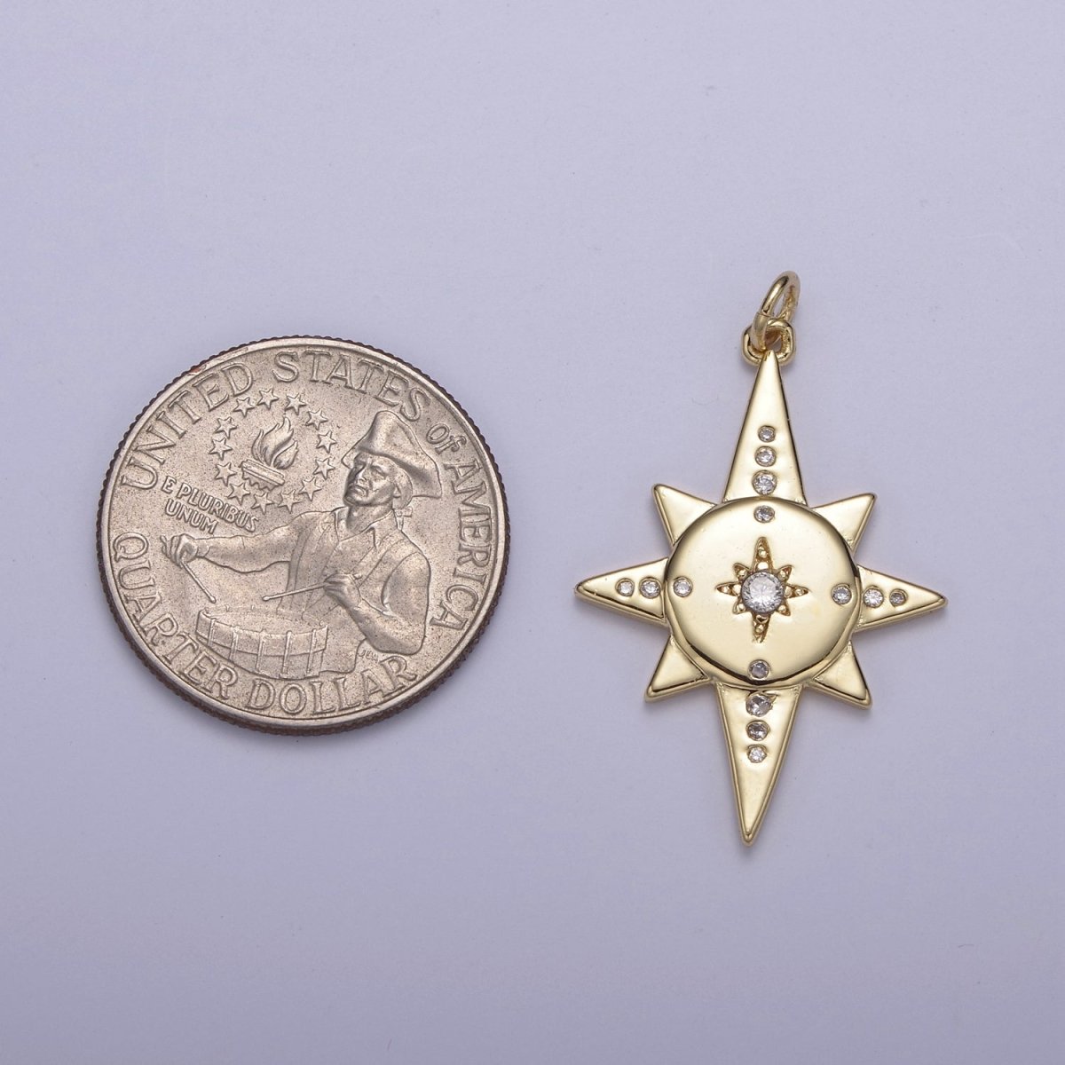 16k Gold Fill Micro Pave North Stars Charm, Pointed Stars Compass Cubic Zirconia Pendant Charm N-435