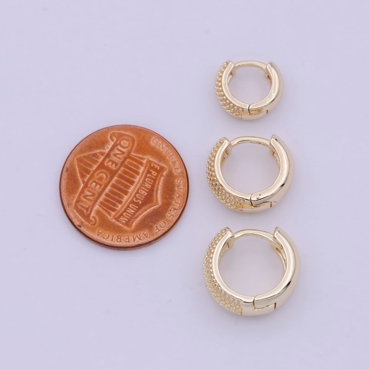 16K Gold Filled Bead Textured 10mm, 13mm, 14mm Hoop Huggie Earring T-265 ~ T-267