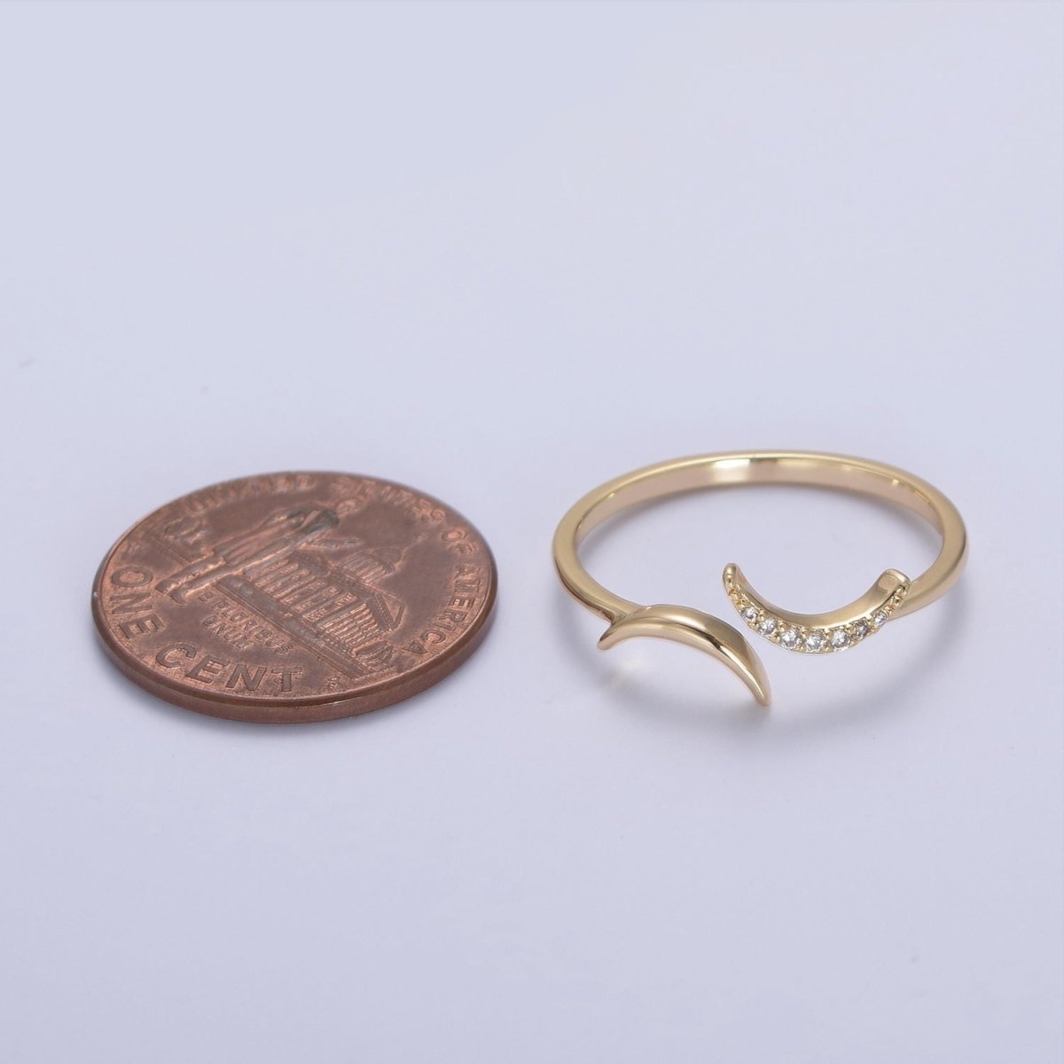 16K Gold Filled Double Crescent Moon Ring, Celestial Crystal Zirconia CZ Adjustable Open Ring | U-425