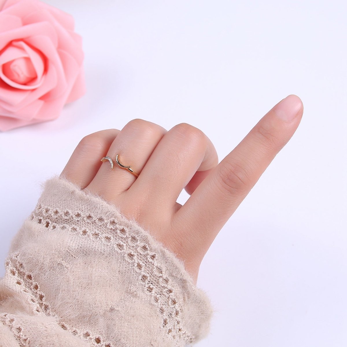 16K Gold Filled Double Crescent Moon Ring, Celestial Crystal Zirconia CZ Adjustable Open Ring | U-425