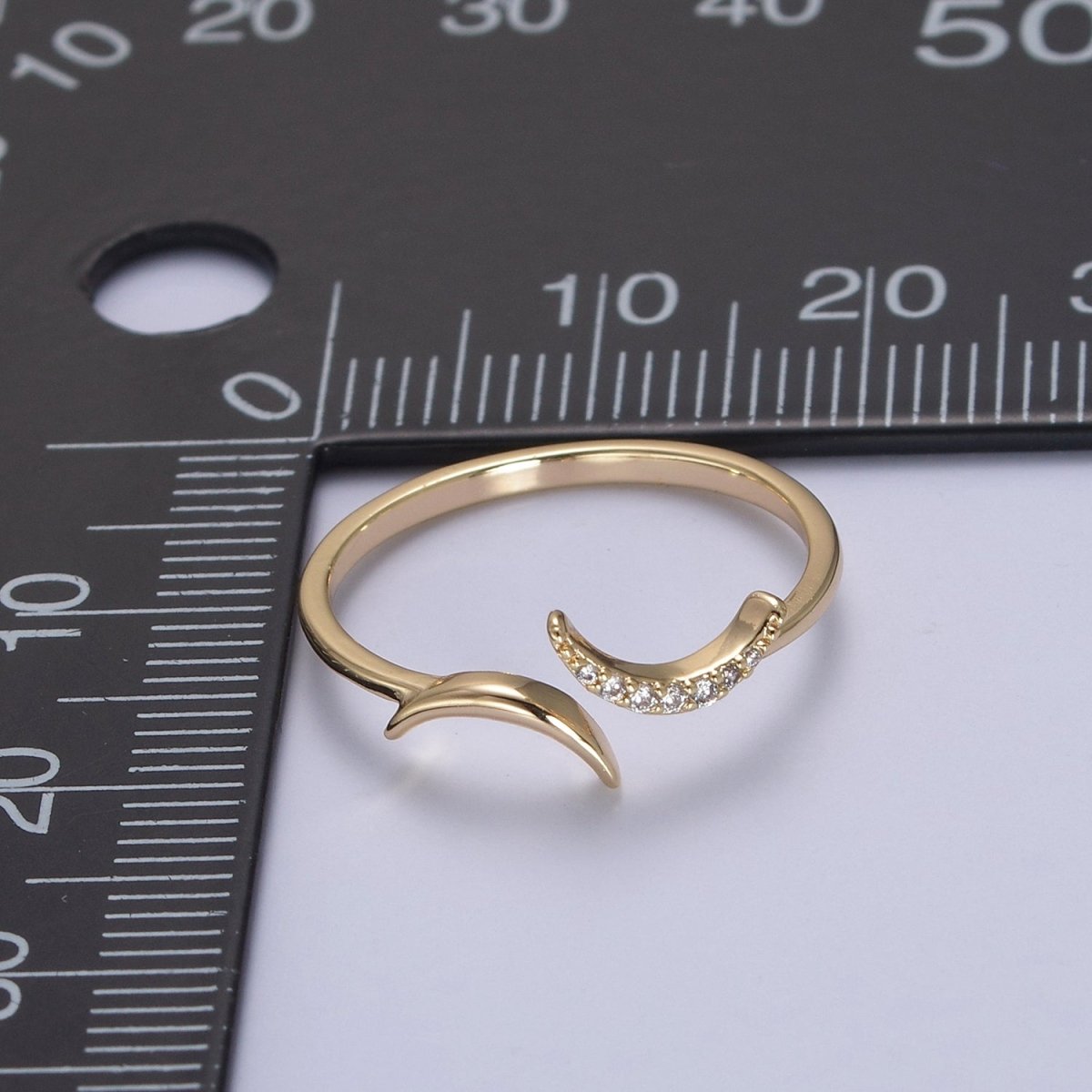 16K Gold Filled Double Crescent Moon Ring, Celestial Crystal Zirconia CZ Adjustable Open Ring | U-425