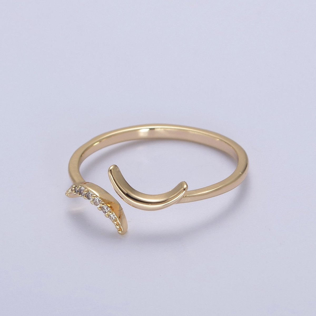 16K Gold Filled Double Crescent Moon Ring, Celestial Crystal Zirconia CZ Adjustable Open Ring | U-425
