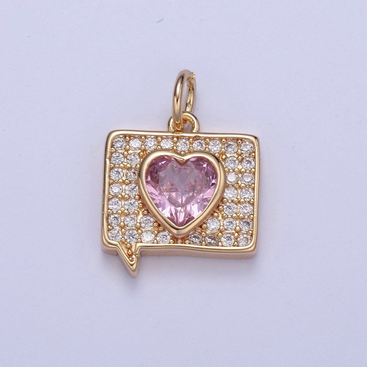 16K Gold Filled Micro pave Heart Message Emoji Charm, Pink Heart Charm N-433