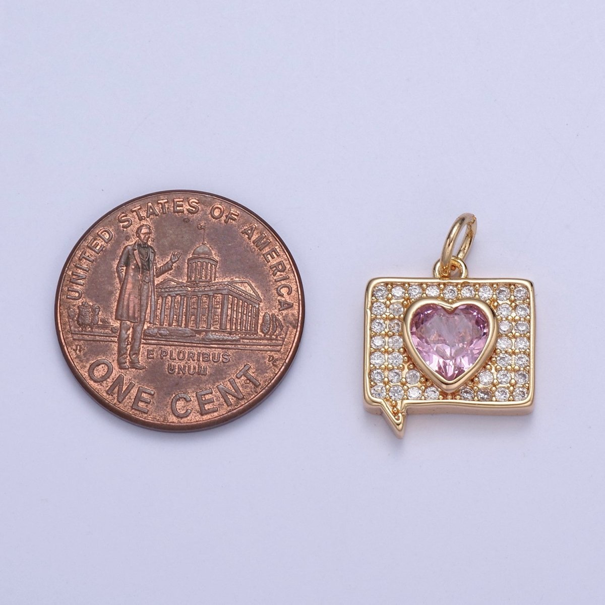 16K Gold Filled Micro pave Heart Message Emoji Charm, Pink Heart Charm N-433