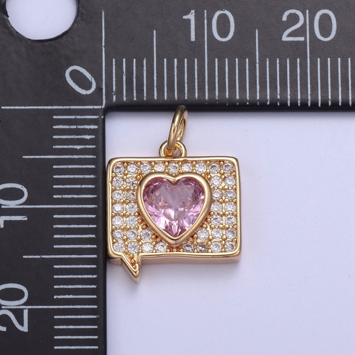 16K Gold Filled Micro pave Heart Message Emoji Charm, Pink Heart Charm N-433