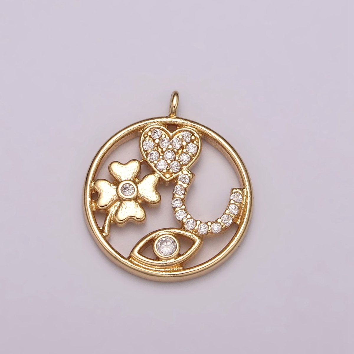 16K Gold Filled Micro Paved Micro Paved CZ Heart Horseshoe Clover Evil Eye Round Open Charm  N-176