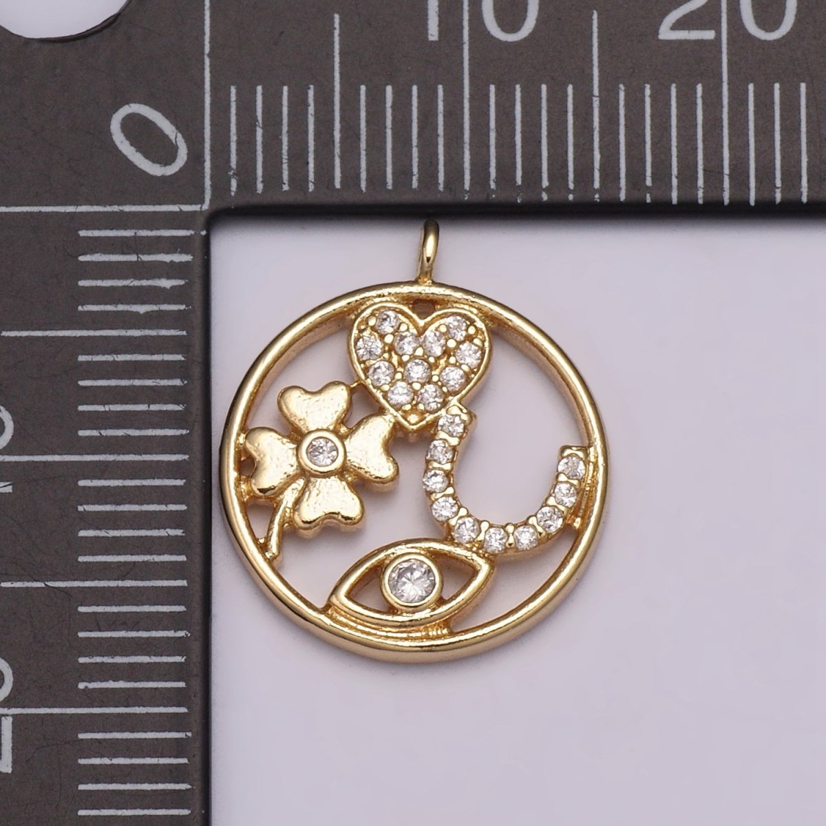 16K Gold Filled Micro Paved Micro Paved CZ Heart Horseshoe Clover Evil Eye Round Open Charm  N-176