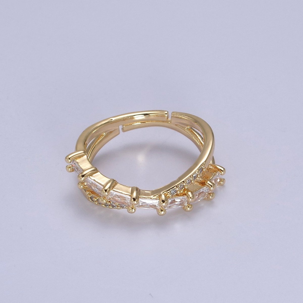 16K Gold Filled Stacking Double Band Unique Clear Crystal Zirconia CZ Adjustable Ring U-304