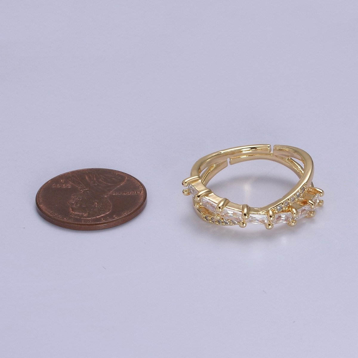 16K Gold Filled Stacking Double Band Unique Clear Crystal Zirconia CZ Adjustable Ring U-304