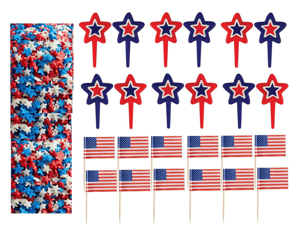 Oasis Supply, USA Cake Decorating - Includes 12, Red White & Blue Star Picks, 12 USA! Food Flag Picks, & 4oz Edible Red, White, & Blue Star Sprinkle Quins